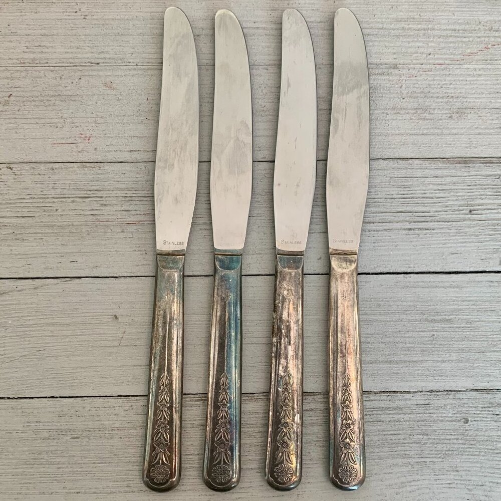 4 Meriden Silverplate Delight Knives Dinner Knife Floral Vintage 50s HTF Set 8.5